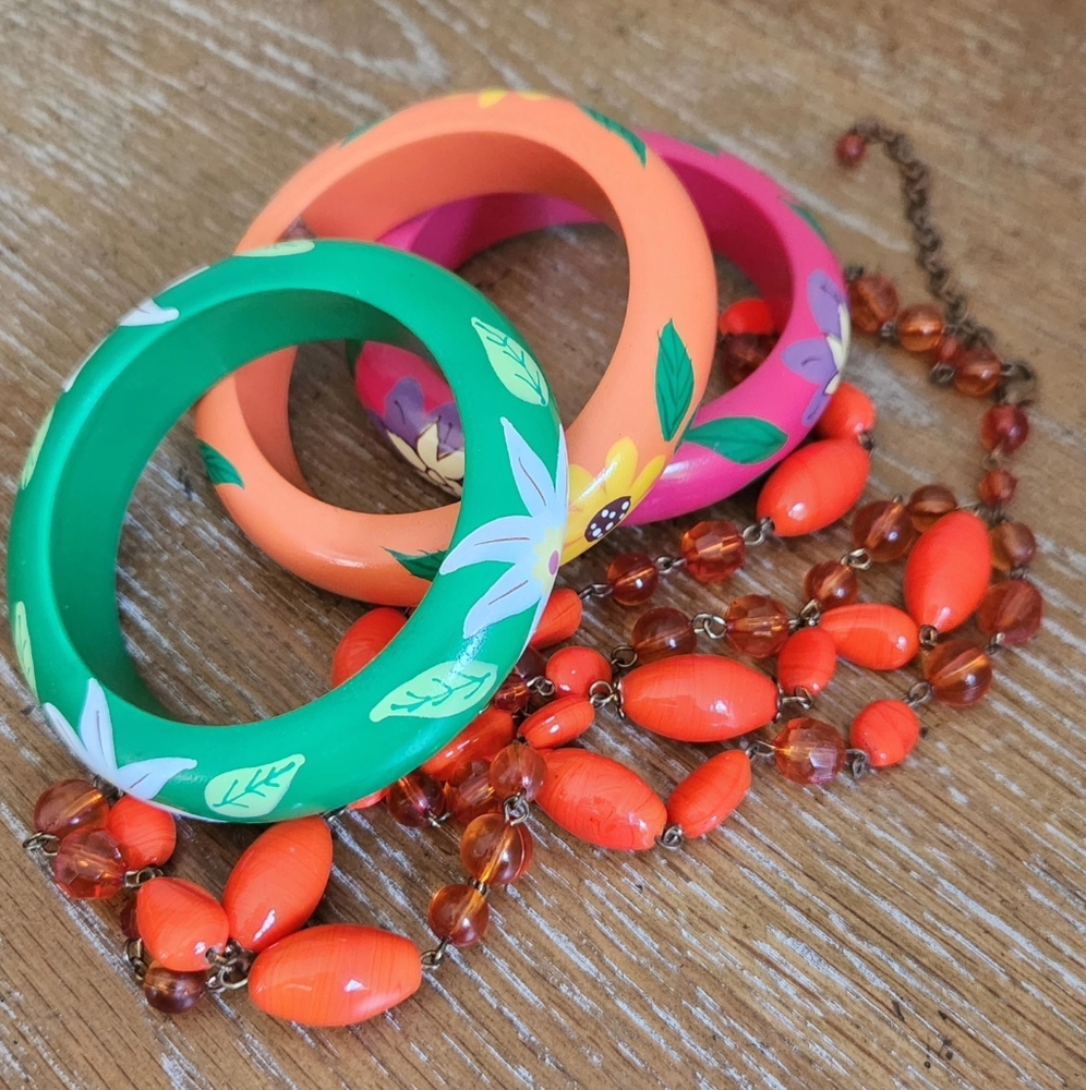 Fun Colorful Set Of 3 Handpainted  Wooden Bangles And Long Orange Glass Necklace